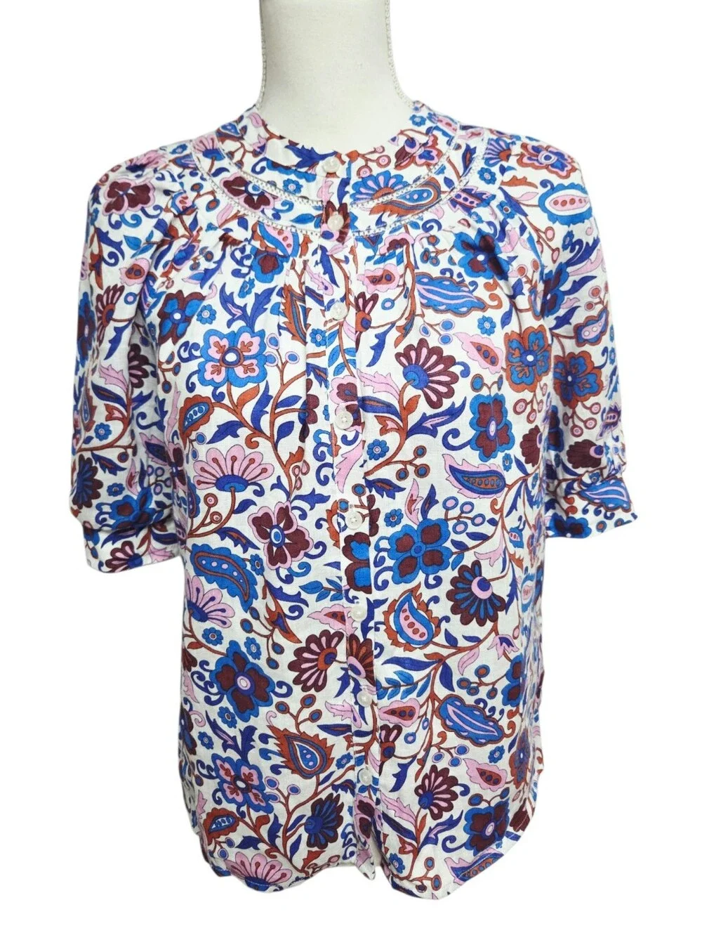 Boden Bea Linen Floral Top White Blue Size 2